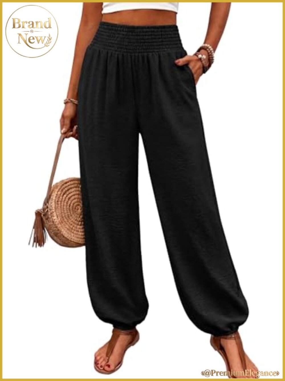 High Waist Harem Pants, Linen Look Balloon Pants with Pockets